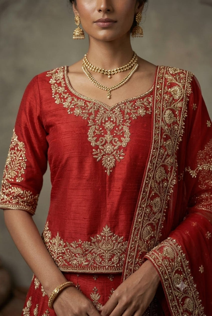 Reddish Mahroon Raw Silk Short Kurti Lehenga And Graceful Dupatta
