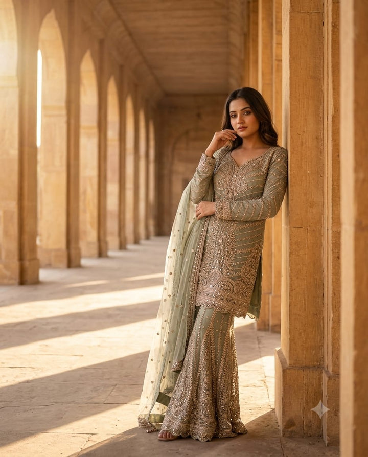 Royal Soft Pista Green Ghararas And Matching Dupatta For A Festive Look
