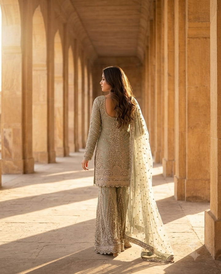 Royal Soft Pista Green Ghararas And Matching Dupatta For A Festive Look