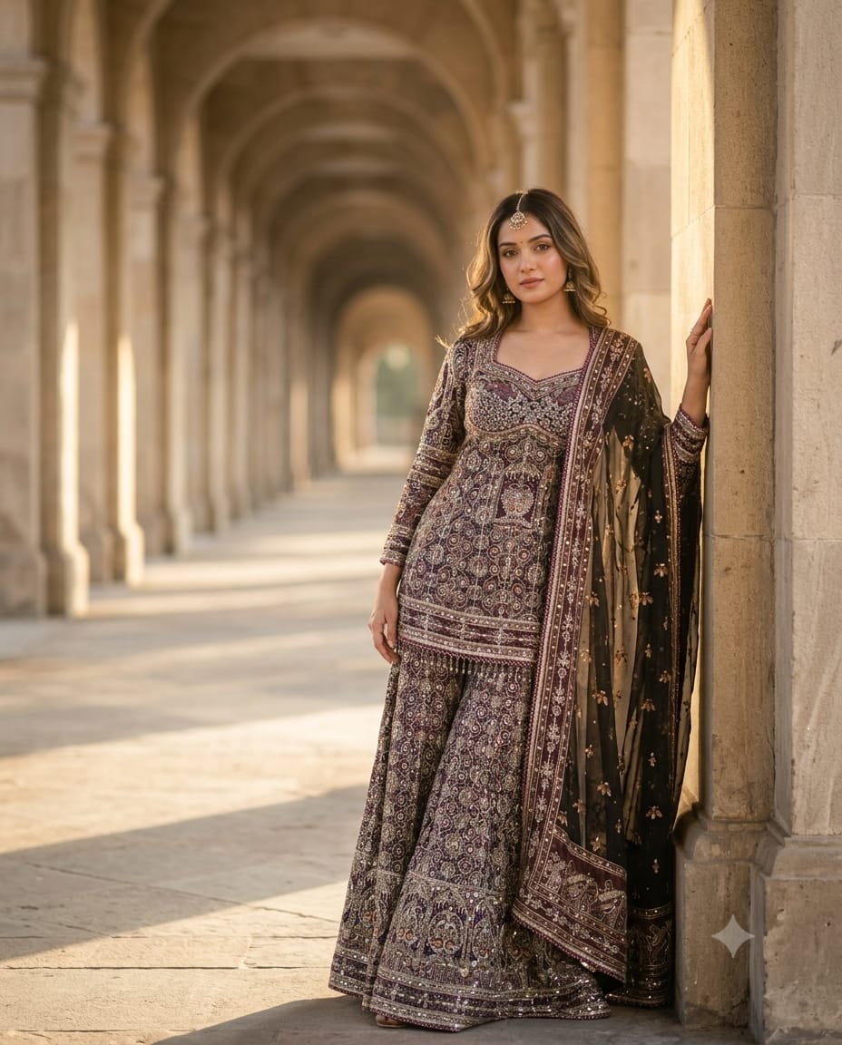Royal Grey Green Gharara Set With Exquisite All Over Embroidery
