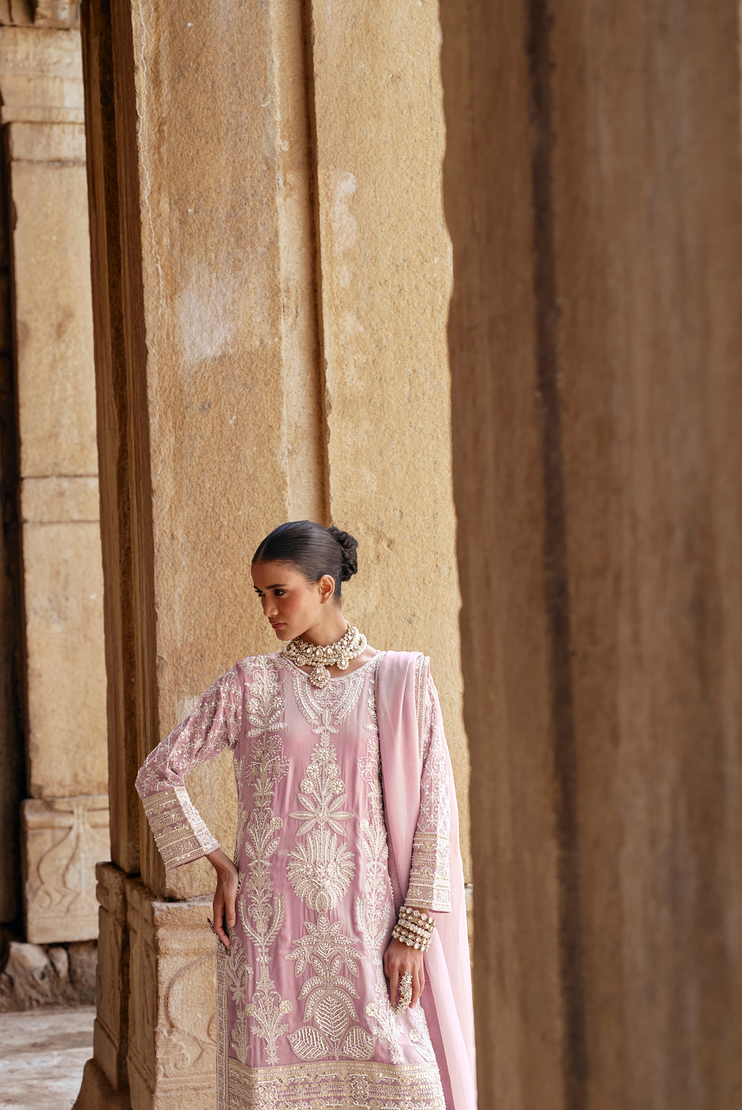 Pink Zari Embroidered Festive Suit Set