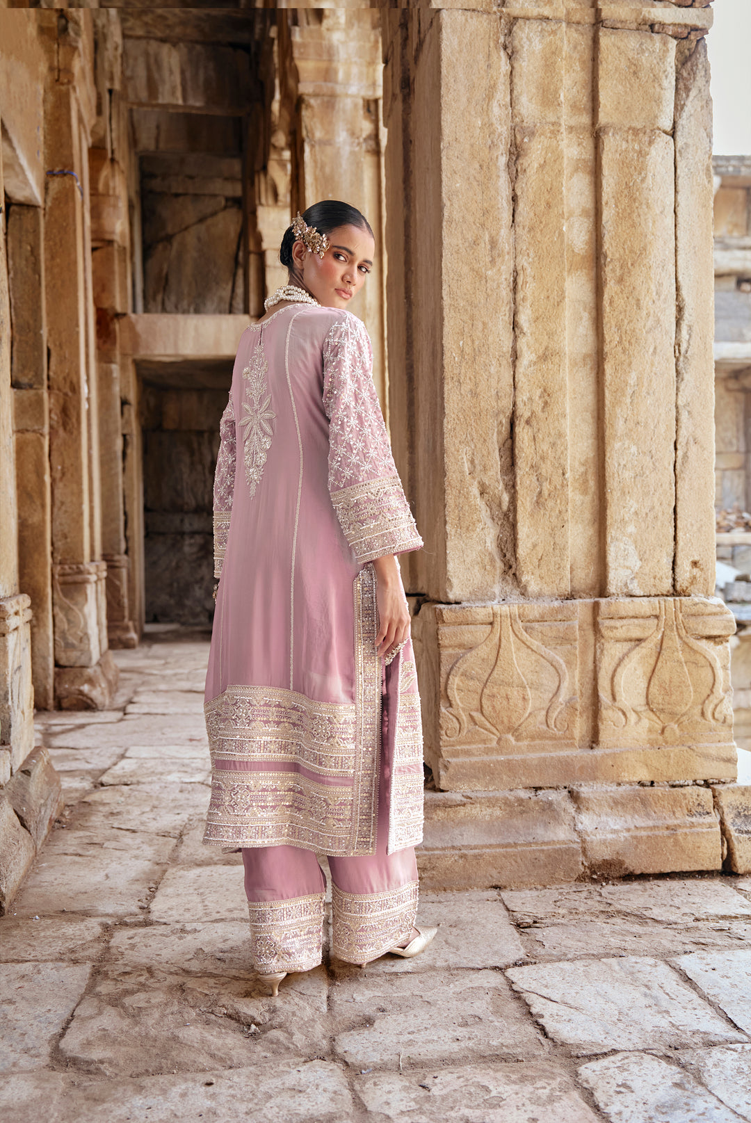 Pink Zari Embroidered Festive Suit Set