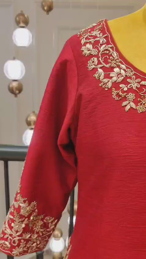 Premium Raw Silk Cherry Red Short Kurti Lehenga For a Regal Work
