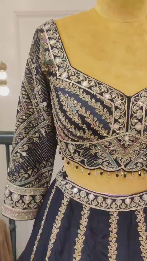 Drop 37 - Midnight Navy Bridal Lehenga Set with Antique Gold Zari Embroidery