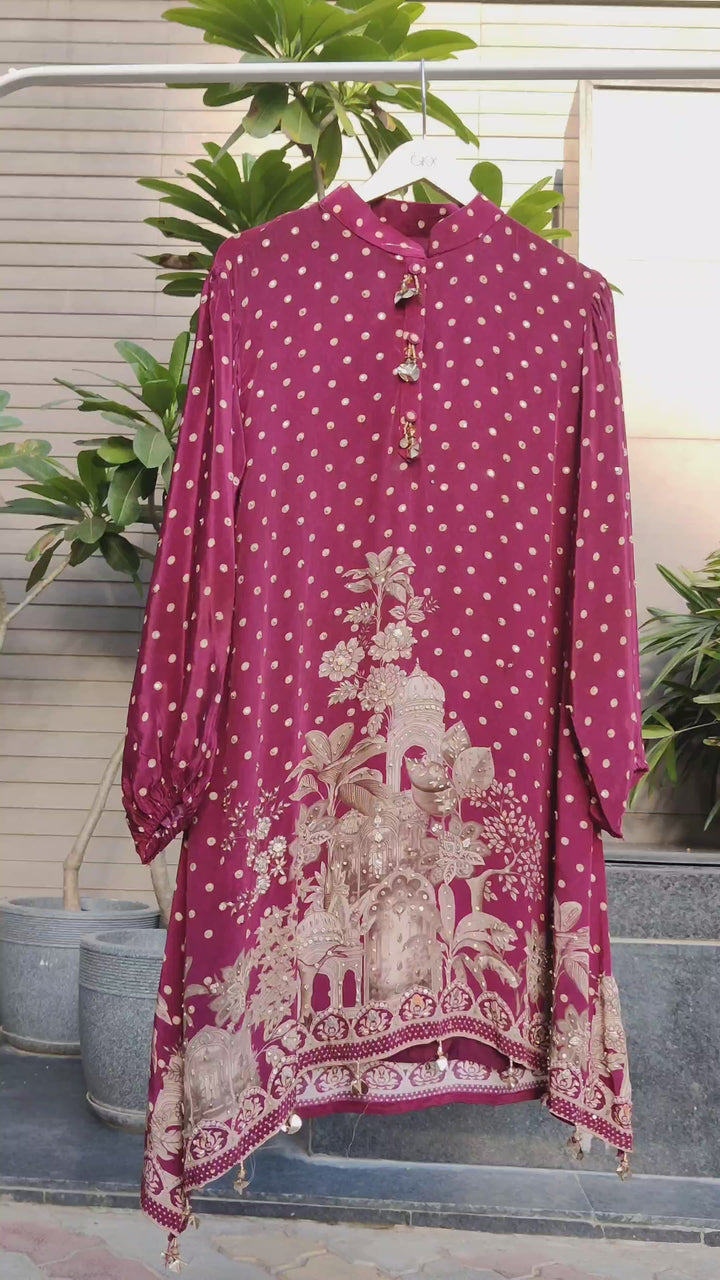 Wine crepe co-ord set with bead work and beige farshi salwar.