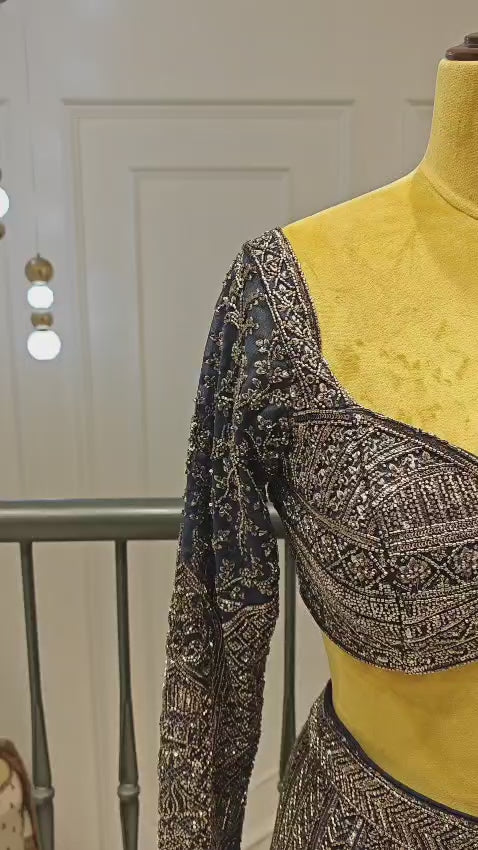 Navy Blue Crop Top Lehenga With Luxurious Thread And Sequins Work.