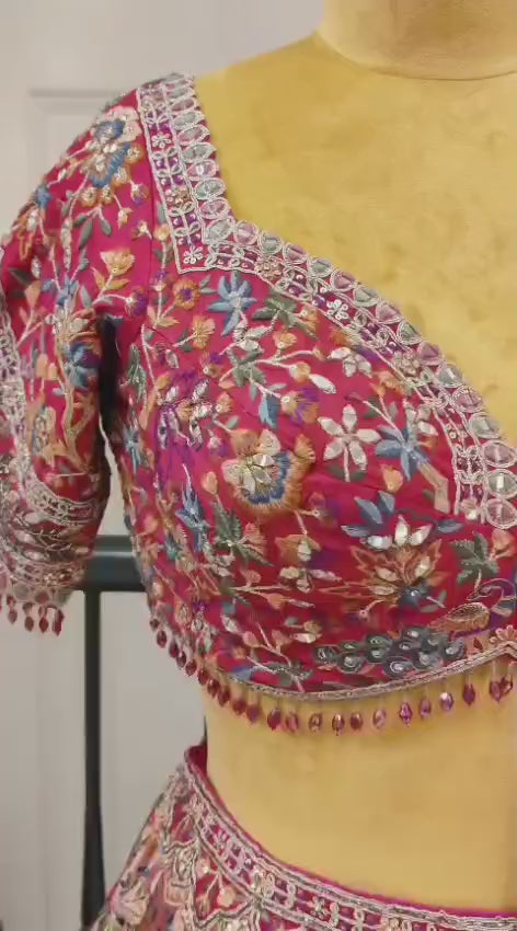 Drop 34 - Gold Multicolor Floral Banarasi Silk Lehenga Choli with Red Embroidered Dupatta