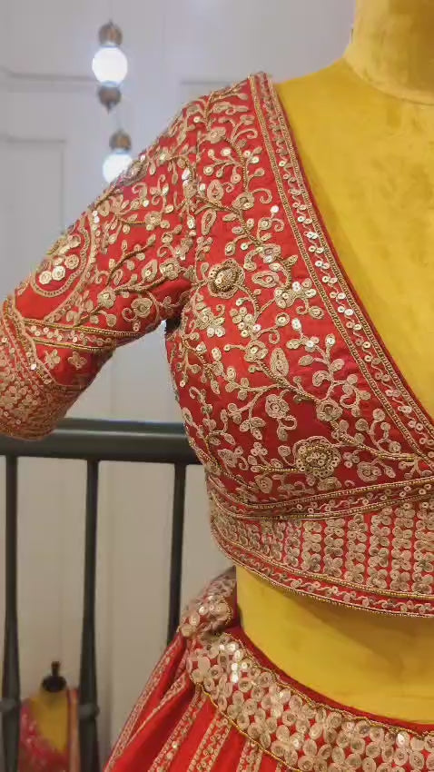 Red Raw Silk Lehenga Featuring Heavy Zari and Sequin Work