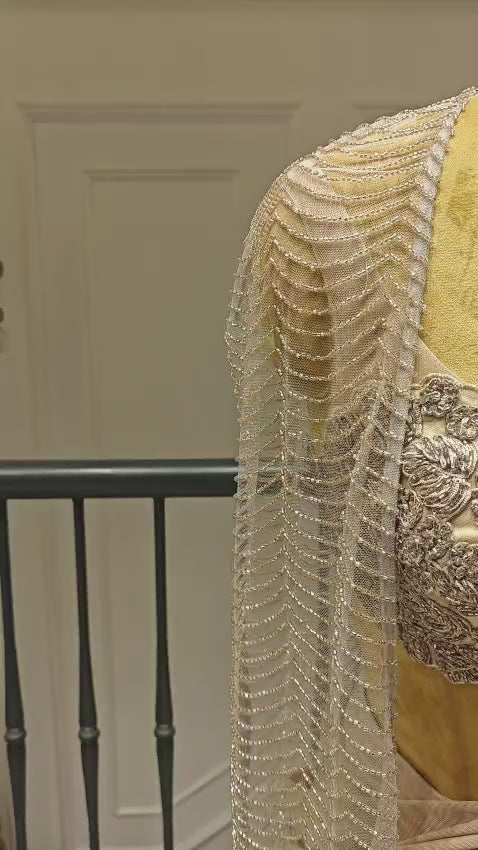 Golden Beige Draped Saree With Nalki Embellished cape
