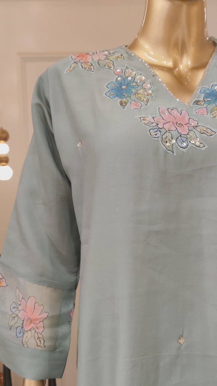 Drop 18 - Sage Green Floral Printed Kurta Set with Organza Dupatta