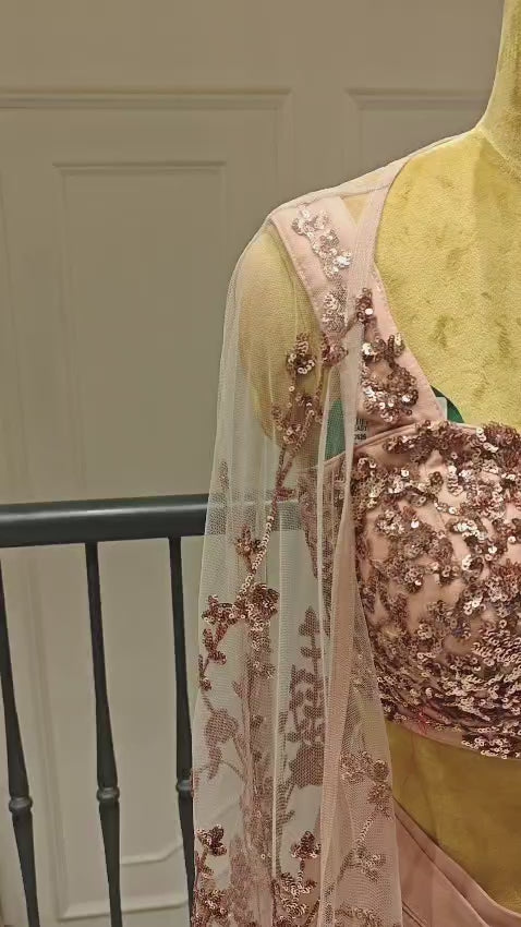 Peach Sequins Pre-Draped Saree With Embroidered Net Cape