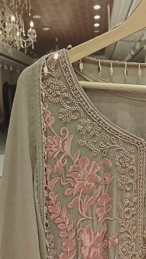 Premium Grey Pakistani Suit With Floral Thread Embroidery