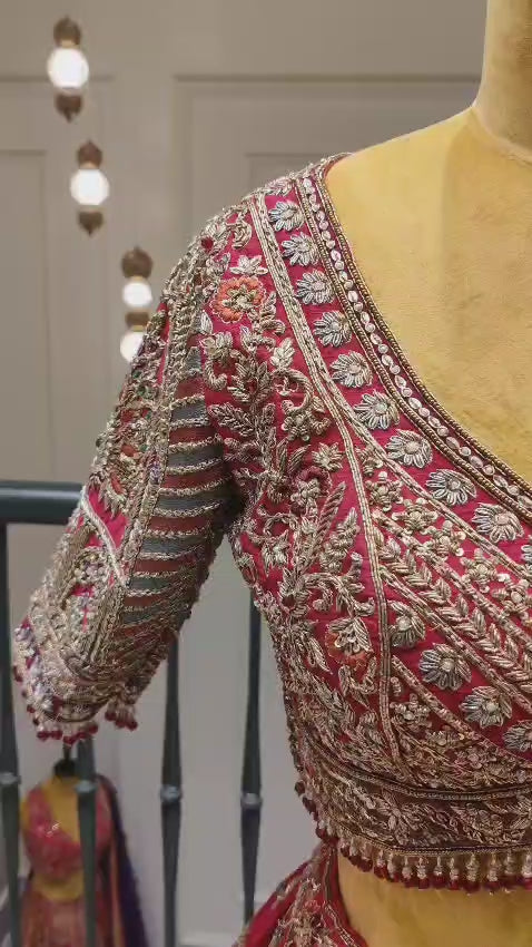 Premium Cherry Red Raw Silk Lehenga Featuring Heavy Zari