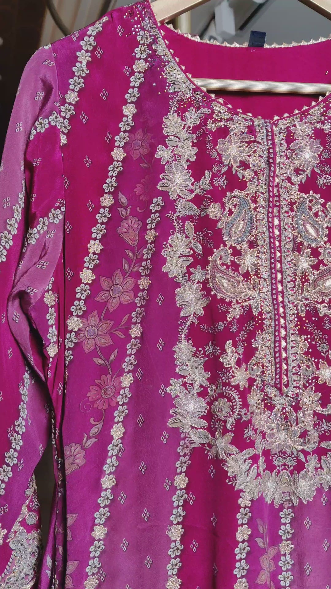 Mehroon embroidered crepe suit with farshi salwar.