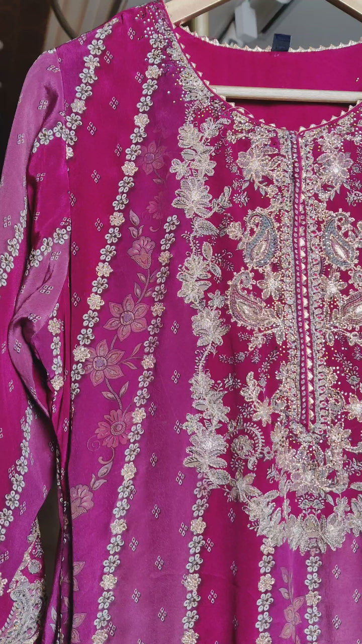 Mehroon embroidered crepe suit with farshi salwar.