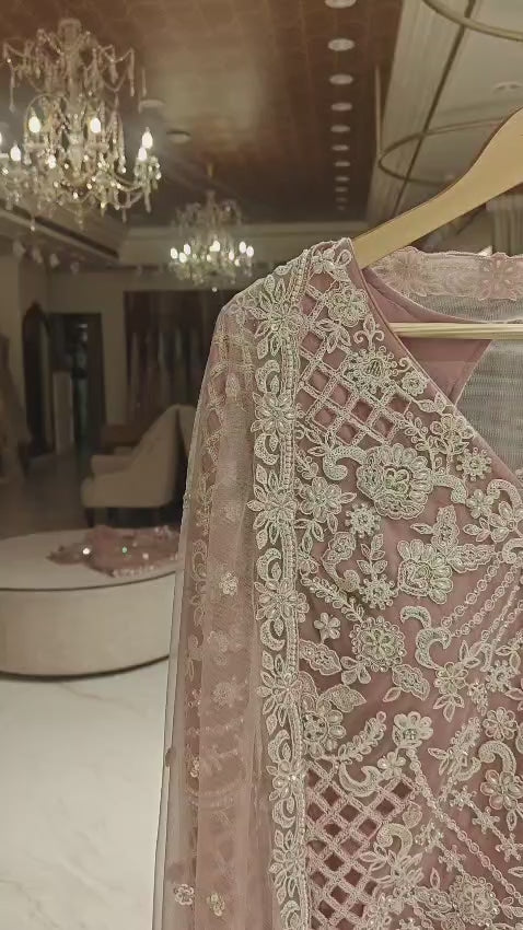 Premium Lavender Net Gararas Suit With Pearl & Sequins Embroidery