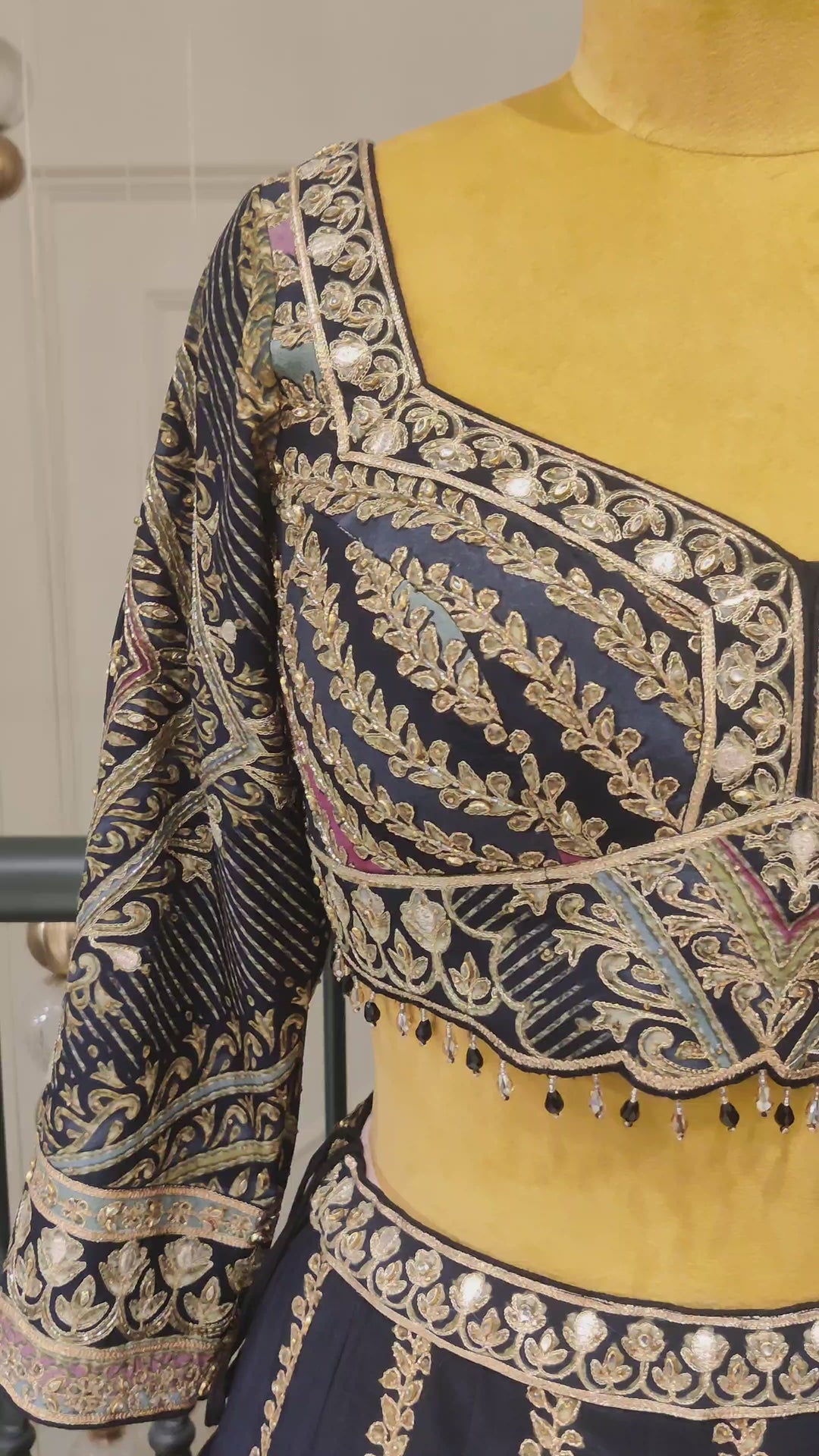 Navy Blue Crepe Lehenga with heavy dori embroidery.