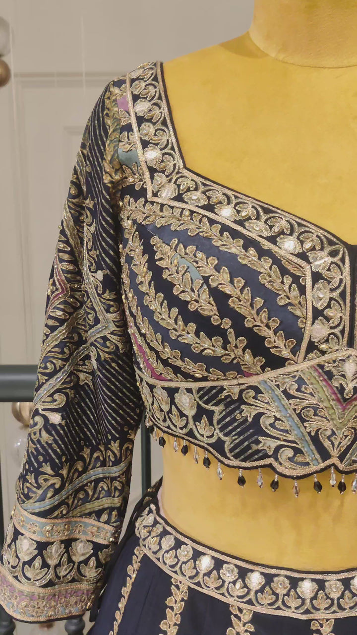 Navy Blue Crepe Lehenga with heavy dori embroidery.