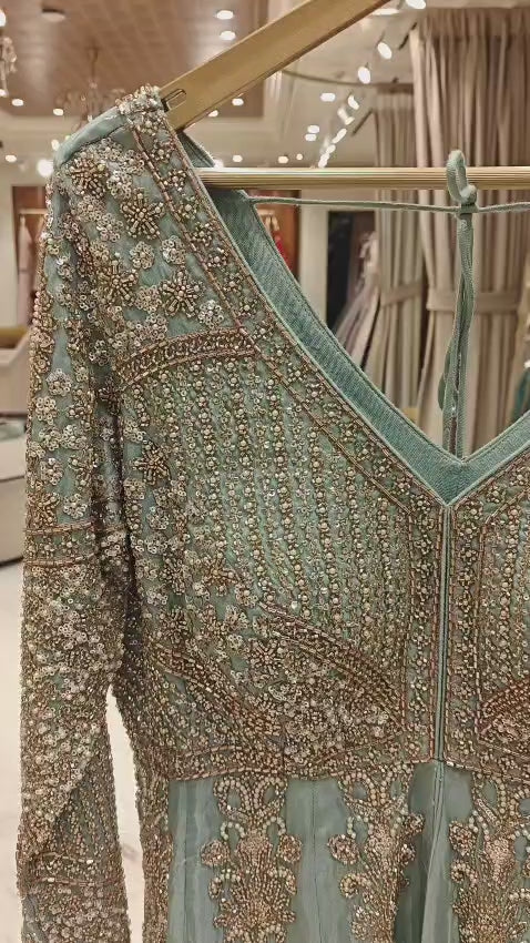 Royal Sky Blue Tissue Silk Sharara Set adorned with sequins, pearl & cutdana embroidery.