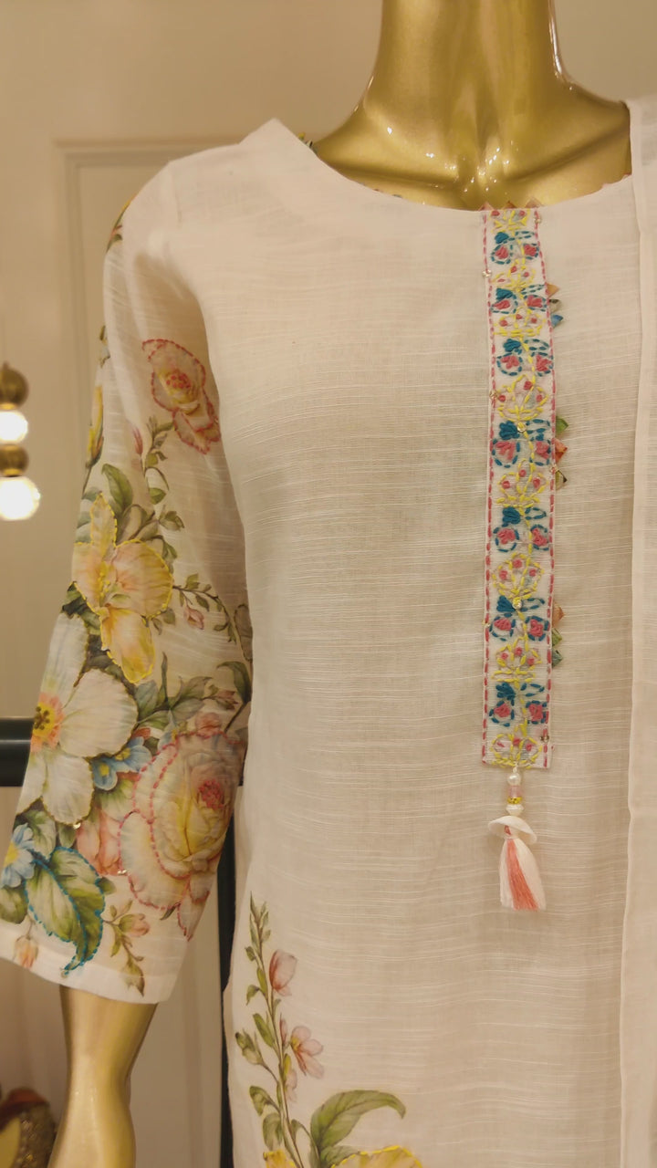 Drop 17 - Ivory Bloom Floral Printed Straight Kurta Set with Embroidered Neckline & Dupatta