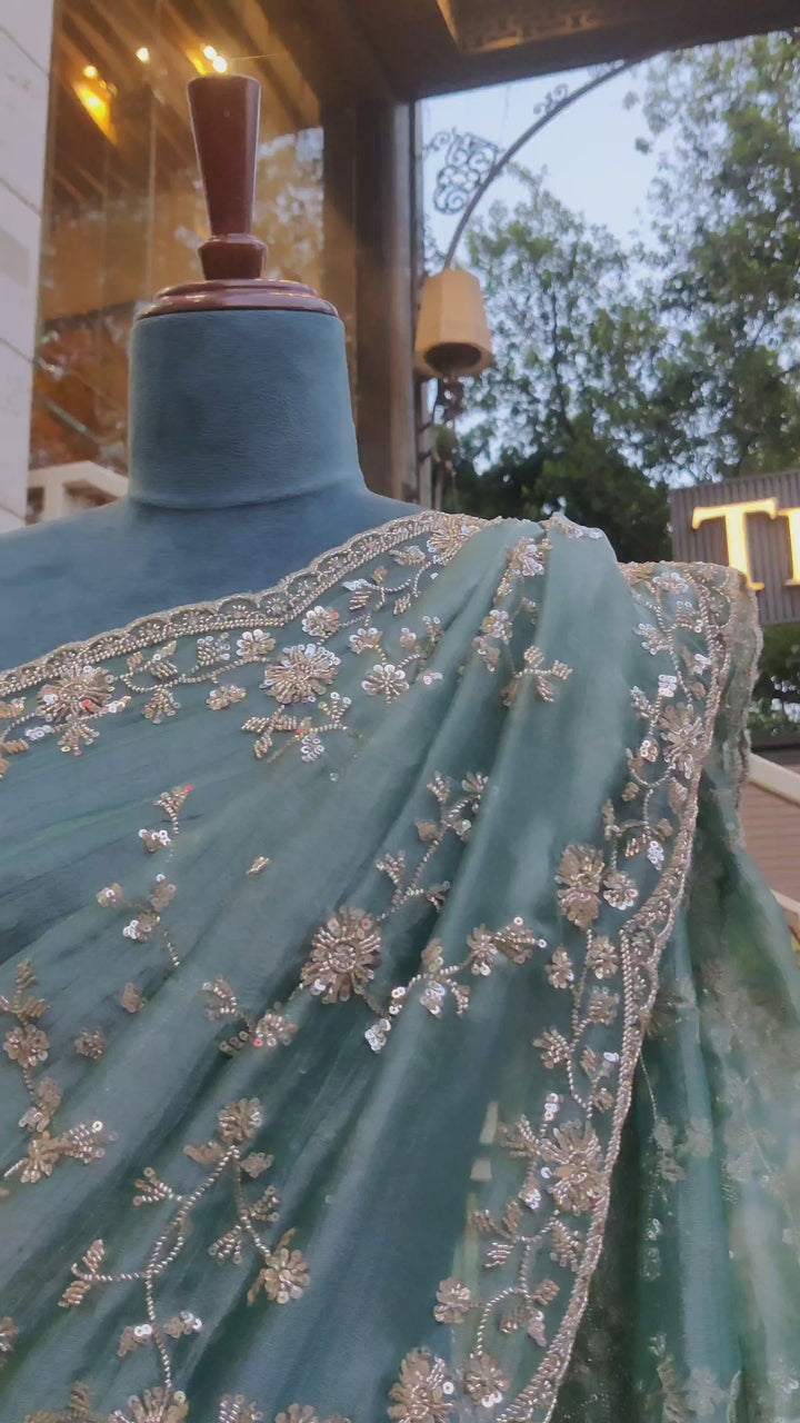 Sage Green Organza Saree with elegant bead embroidery and unstitched blouse.