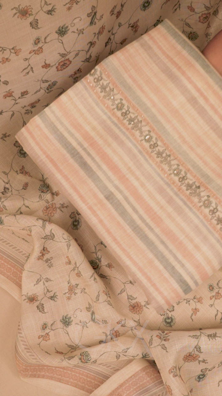 Patel Pink Floral Stripe Print  Linen Fabric Unstitched Suit