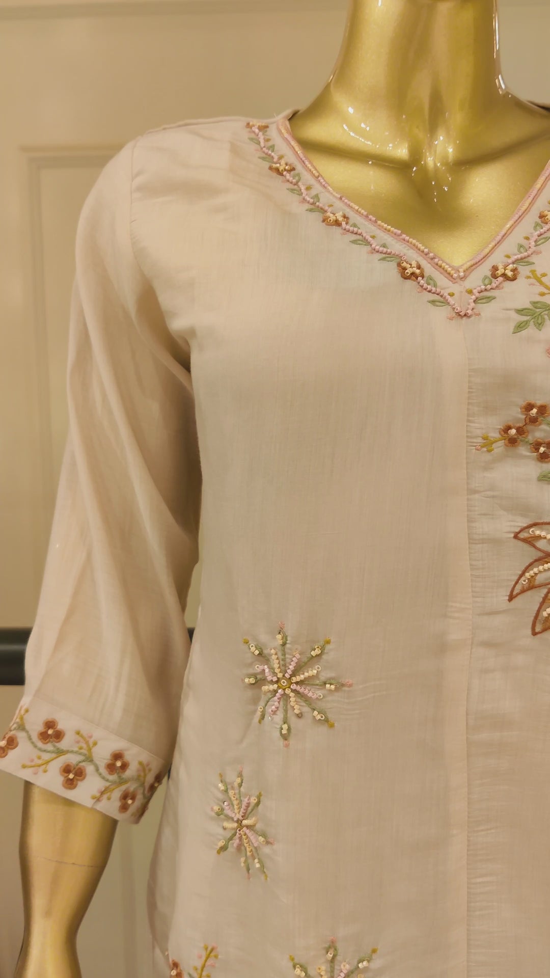 Drop 25 - Beige Floral Embroidered Cotton Kurta Set with Straight Pants