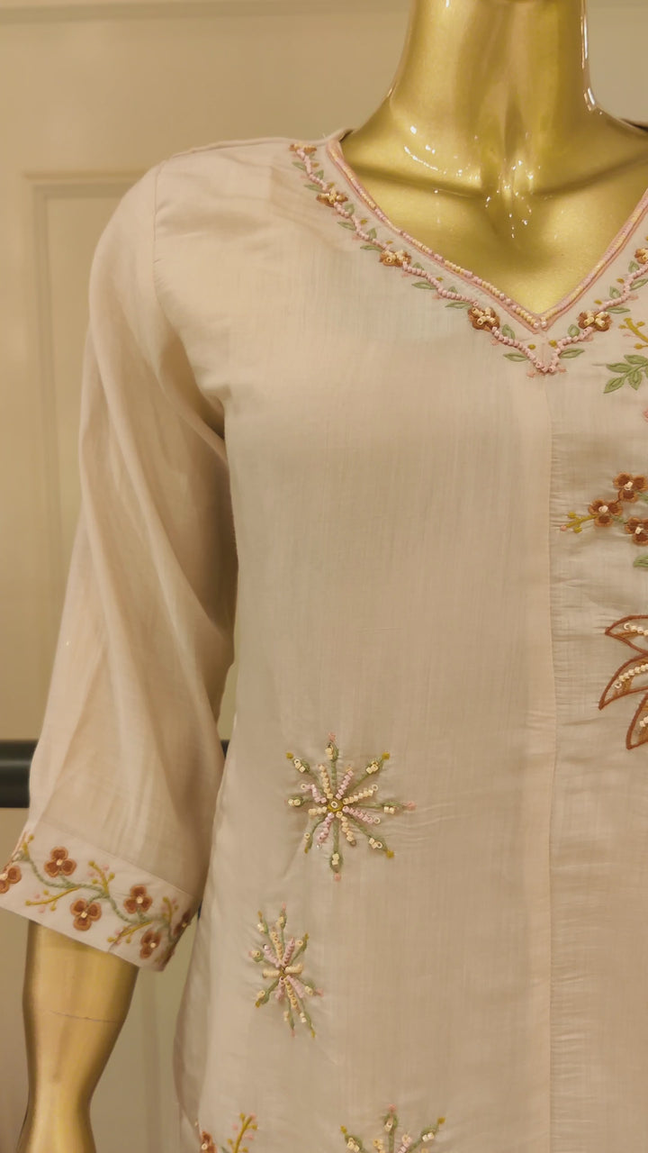 Drop 25 - Beige Floral Embroidered Cotton Kurta Set with Straight Pants