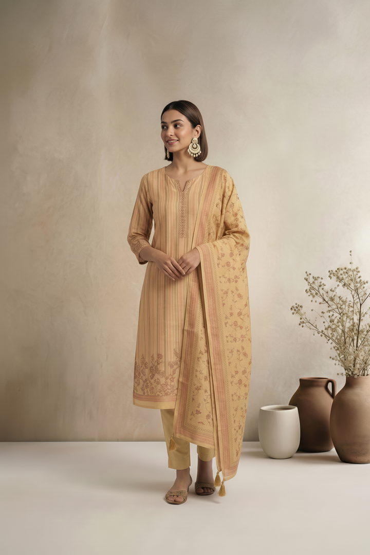 Patel Pink Floral Stripe Print  Linen Fabric Unstitched Suit