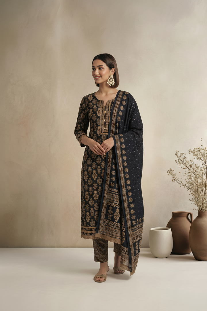 Blue And Gold Modal Fabric Unstitched Suit