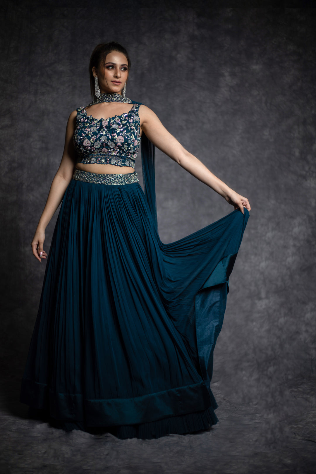 Blue Heavy Embellished Crop Top With Pleated Lehenga