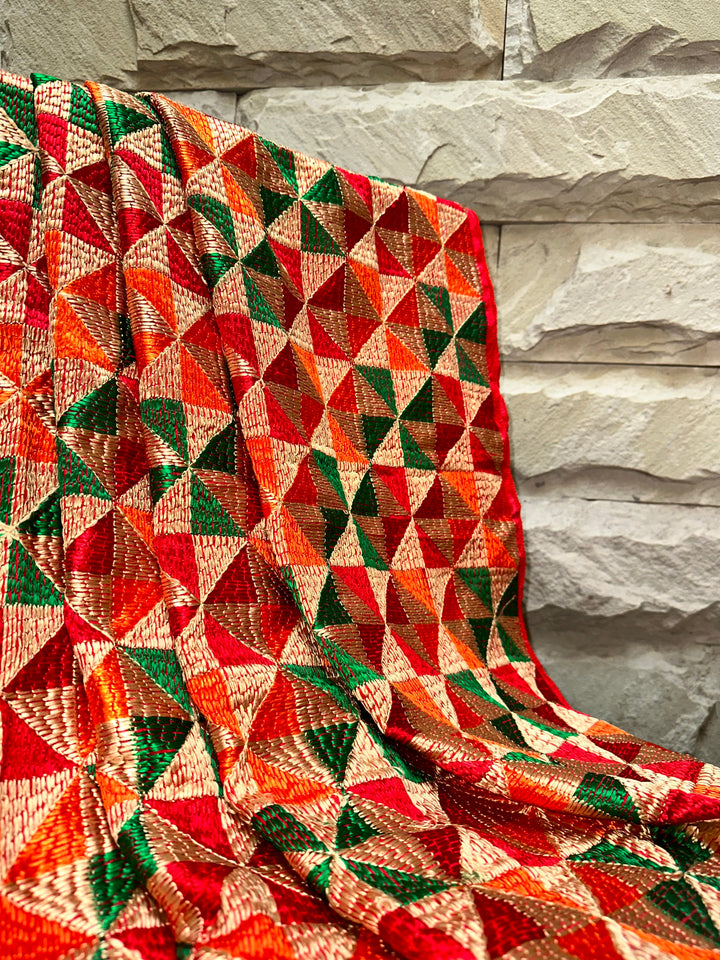 Green, Orange, Red & Beige | Geometric Embroidered Phulkari Dupatta