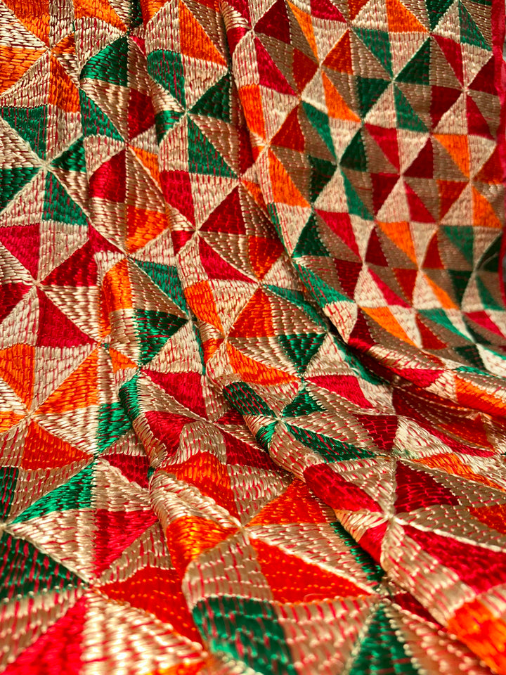 Green, Orange, Red & Beige | Geometric Embroidered Phulkari Dupatta