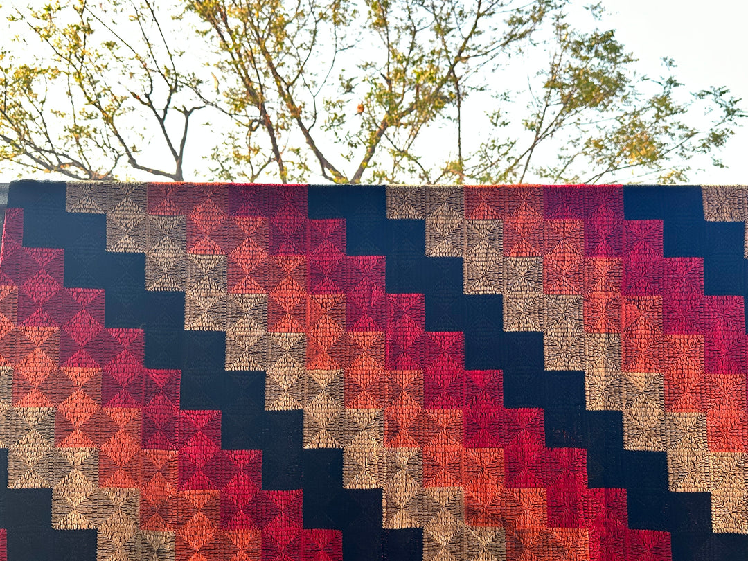 Black, Red, Orange & Nude | Geometric Embroidered Phulkari Dupatta