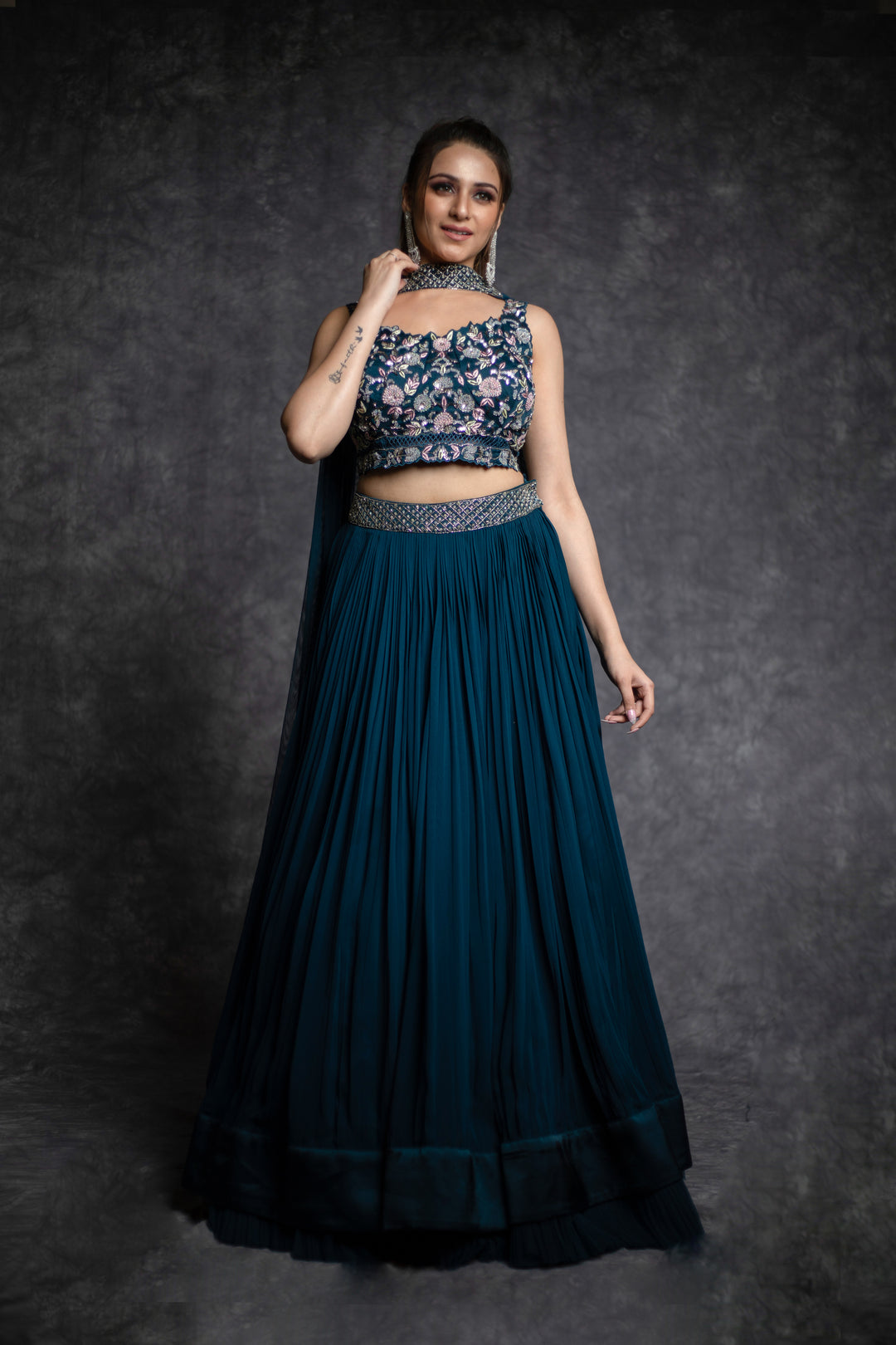 Blue Heavy Embellished Crop Top With Pleated Lehenga