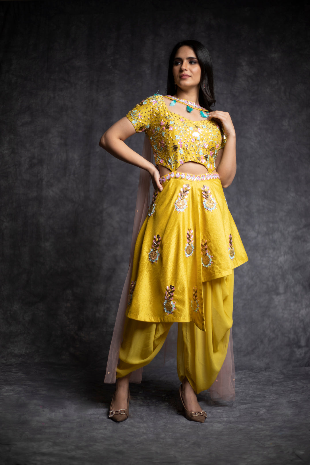 Mustard Jumpsuit With Georgette Dhoti Style