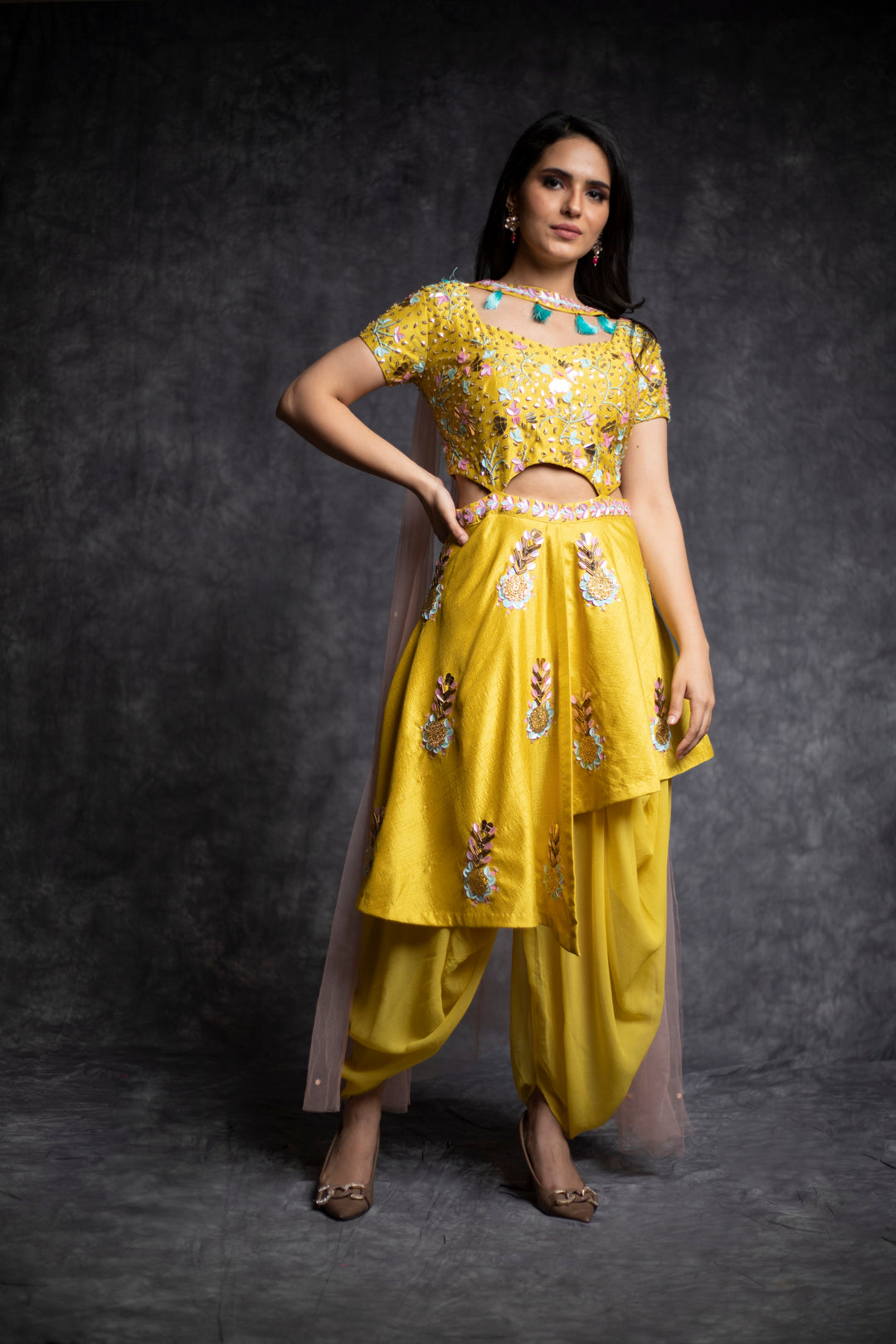 Mustard Jumpsuit With Georgette Dhoti Style